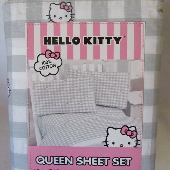 Hello Kitty 100% Cotton Gingham Plaid Sheet Set - 4-pc Queen Sheet Set COTTON